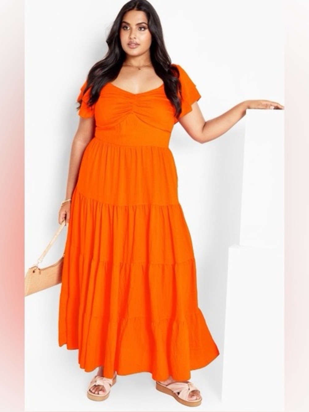 City Chic Ariella Flutter Sleeves Tier Maxi Dress Tangerine Size 18